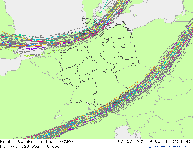 Hoogte 500 hPa Spaghetti ECMWF zo 07.07.2024 00 UTC