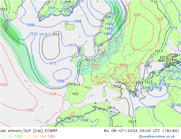 Straalstroom/SLP ECMWF ma 08.07.2024 06 UTC