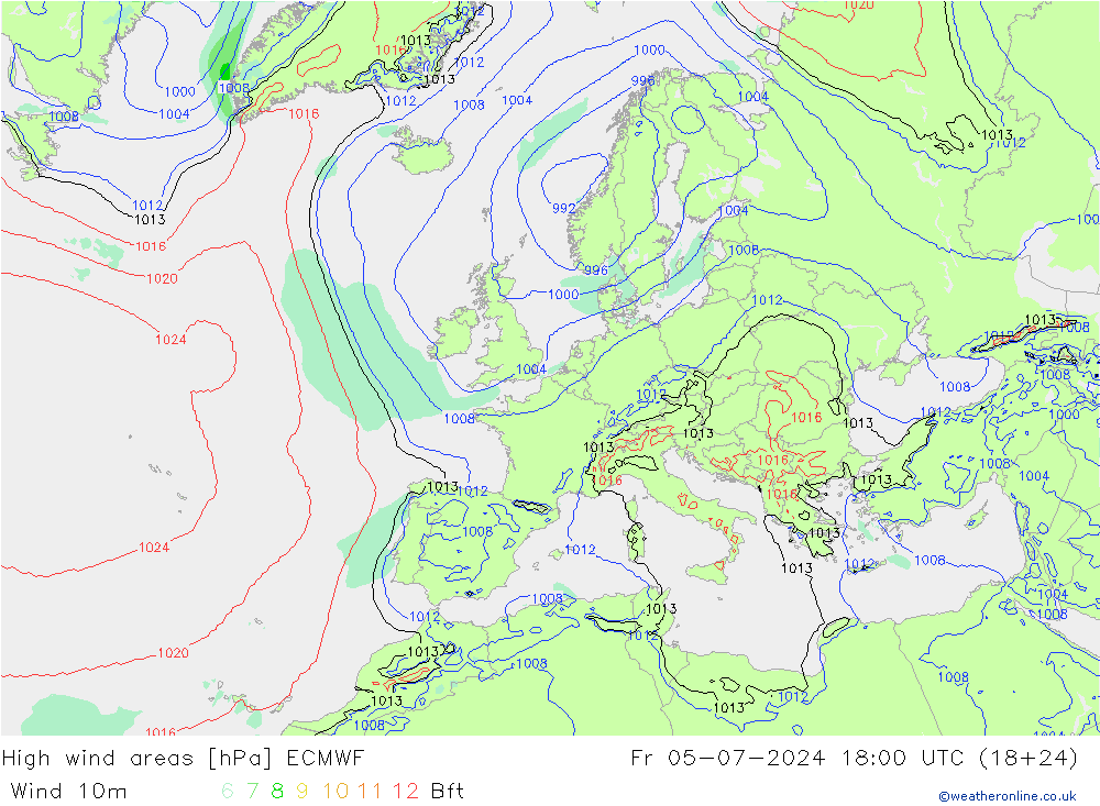 High wind areas ECMWF 星期五 05.07.2024 18 UTC