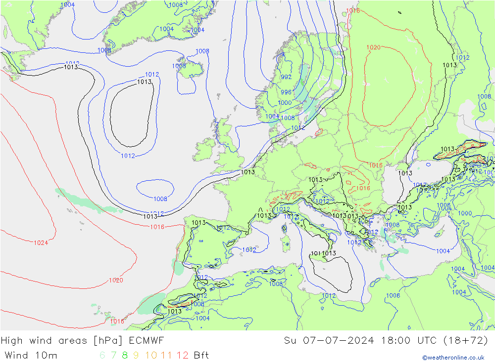 High wind areas ECMWF 星期日 07.07.2024 18 UTC