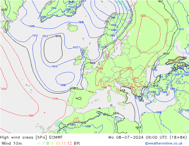 High wind areas ECMWF 星期一 08.07.2024 06 UTC