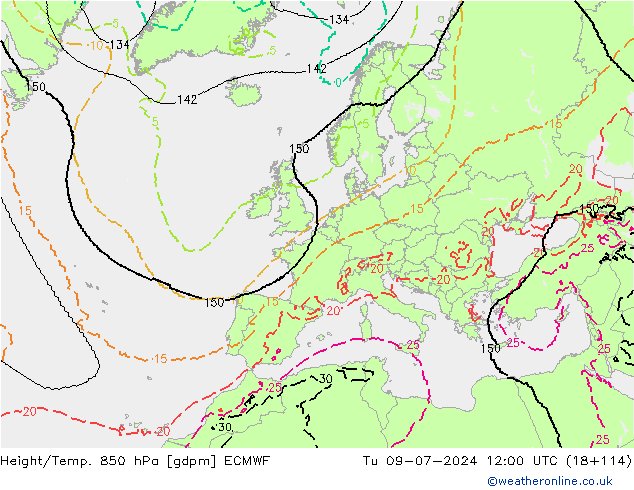 Height/Temp. 850 hPa ECMWF 星期二 09.07.2024 12 UTC