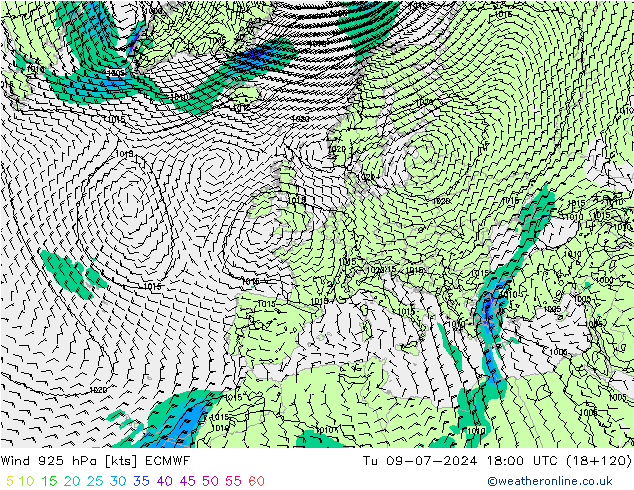 风 925 hPa ECMWF 星期二 09.07.2024 18 UTC