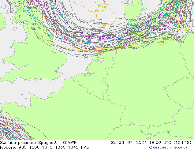 地面气压 Spaghetti ECMWF 星期六 06.07.2024 18 UTC