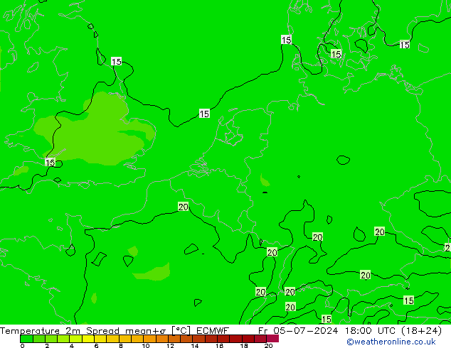 Temperatuurkaart Spread ECMWF vr 05.07.2024 18 UTC