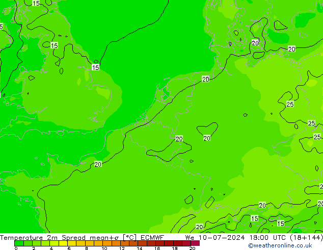 Temperatuurkaart Spread ECMWF wo 10.07.2024 18 UTC