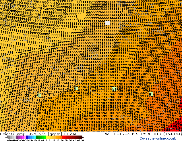 Hoogte/Temp. 925 hPa ECMWF wo 10.07.2024 18 UTC