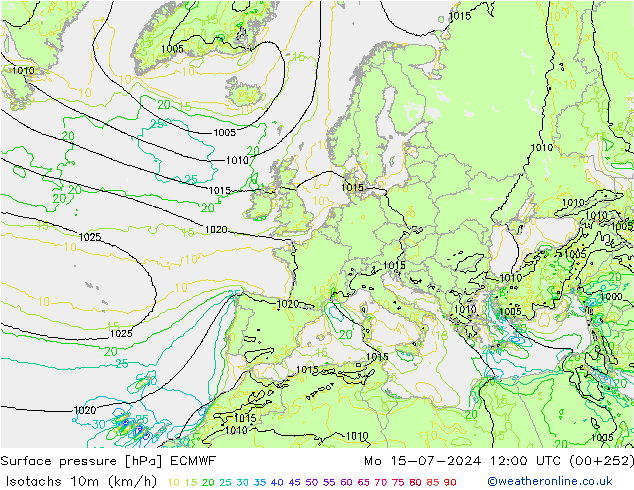 10米等风速线 (kph) ECMWF 星期一 15.07.2024 12 UTC