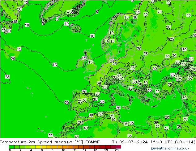 Temperatuurkaart Spread ECMWF di 09.07.2024 18 UTC