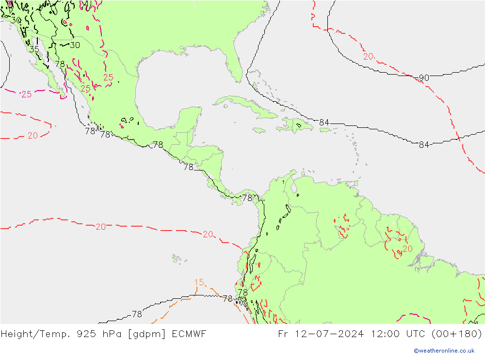 Hoogte/Temp. 925 hPa ECMWF vr 12.07.2024 12 UTC