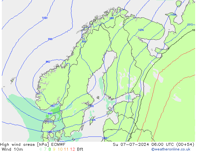 High wind areas ECMWF 星期日 07.07.2024 06 UTC