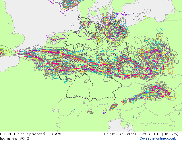 RH 700 hPa Spaghetti ECMWF 星期五 05.07.2024 12 UTC