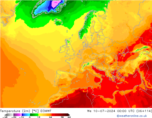 Temperatuurkaart (2m) ECMWF wo 10.07.2024 00 UTC