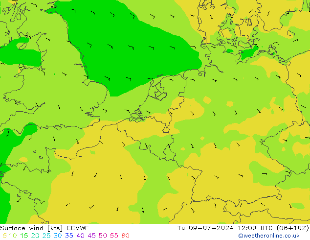 风 10 米 ECMWF 星期二 09.07.2024 12 UTC
