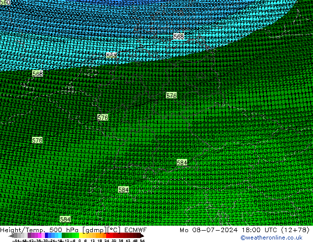 Hoogte/Temp. 500 hPa ECMWF ma 08.07.2024 18 UTC