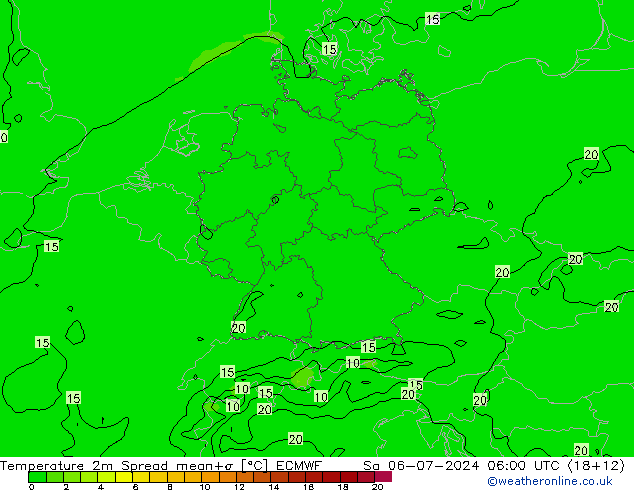 温度图 Spread ECMWF 星期六 06.07.2024 06 UTC