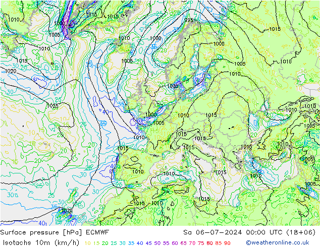 10米等风速线 (kph) ECMWF 星期六 06.07.2024 00 UTC