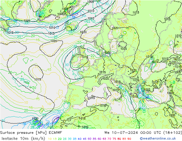 Isotachen (km/h) ECMWF wo 10.07.2024 00 UTC