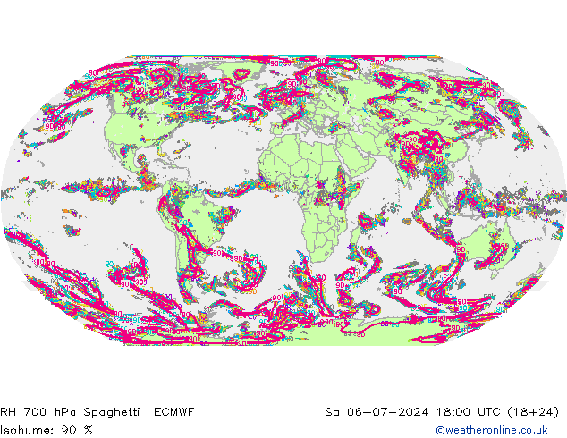 RH 700 hPa Spaghetti ECMWF 星期六 06.07.2024 18 UTC