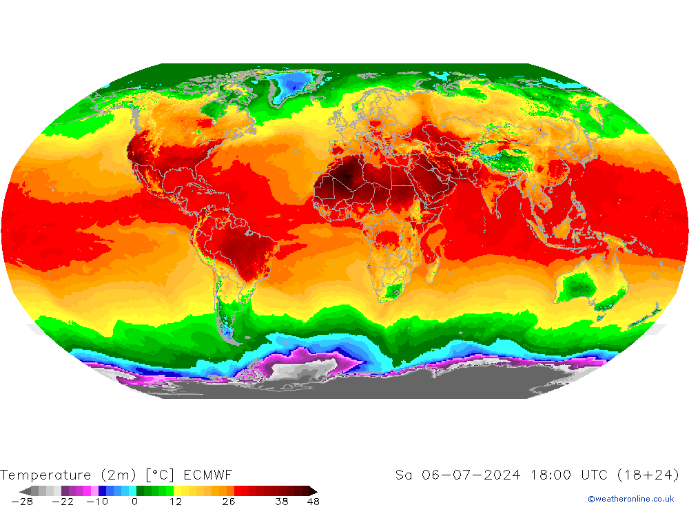 Temperatuurkaart (2m) ECMWF za 06.07.2024 18 UTC