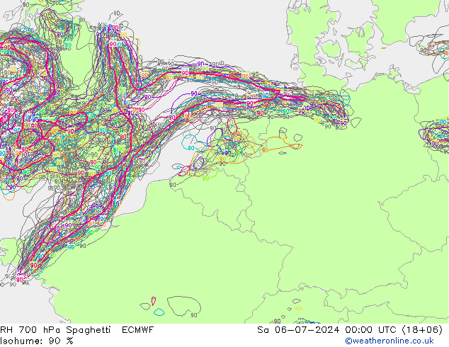 RH 700 hPa Spaghetti ECMWF 星期六 06.07.2024 00 UTC