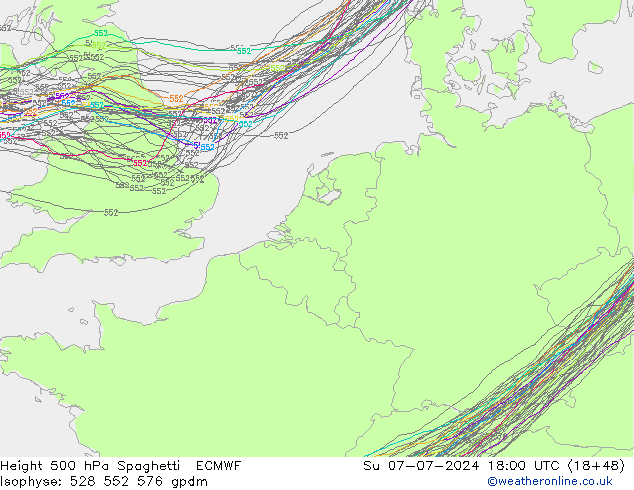 Height 500 hPa Spaghetti ECMWF 星期日 07.07.2024 18 UTC