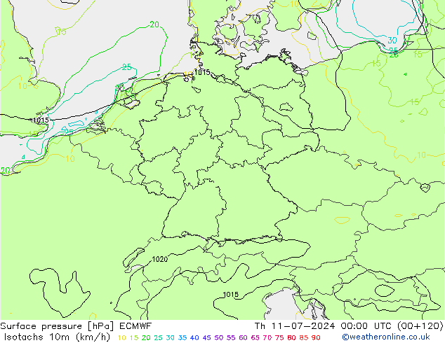 10米等风速线 (kph) ECMWF 星期四 11.07.2024 00 UTC