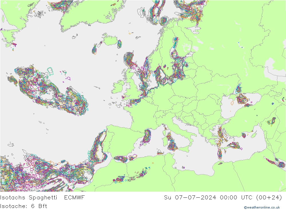 Isotachs Spaghetti ECMWF 星期日 07.07.2024 00 UTC