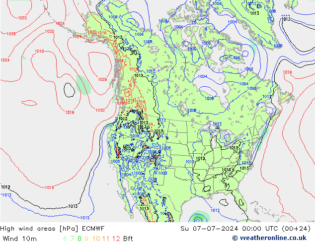 High wind areas ECMWF 星期日 07.07.2024 00 UTC