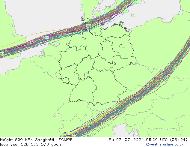 Height 500 hPa Spaghetti ECMWF 星期日 07.07.2024 06 UTC