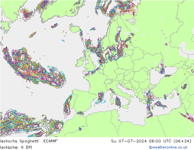 Isotachen Spaghetti ECMWF zo 07.07.2024 06 UTC