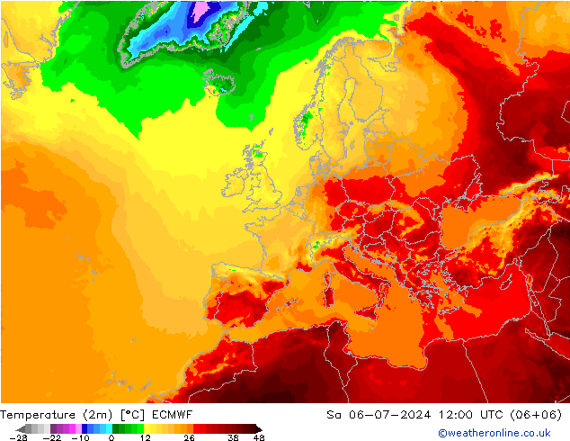 温度图 ECMWF 星期六 06.07.2024 12 UTC