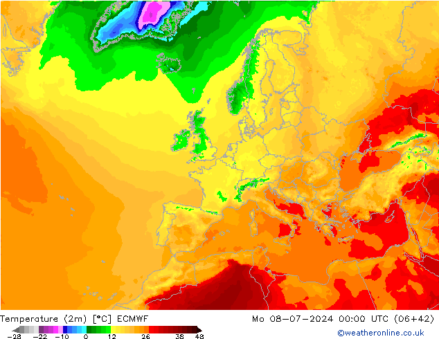 Temperatuurkaart (2m) ECMWF ma 08.07.2024 00 UTC