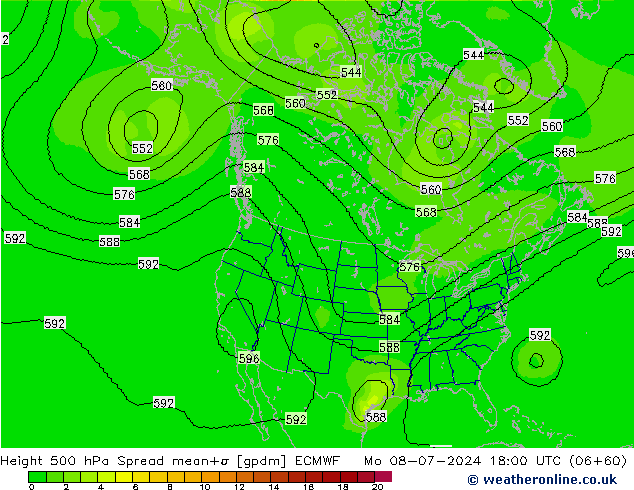 Height 500 hPa Spread ECMWF 星期一 08.07.2024 18 UTC