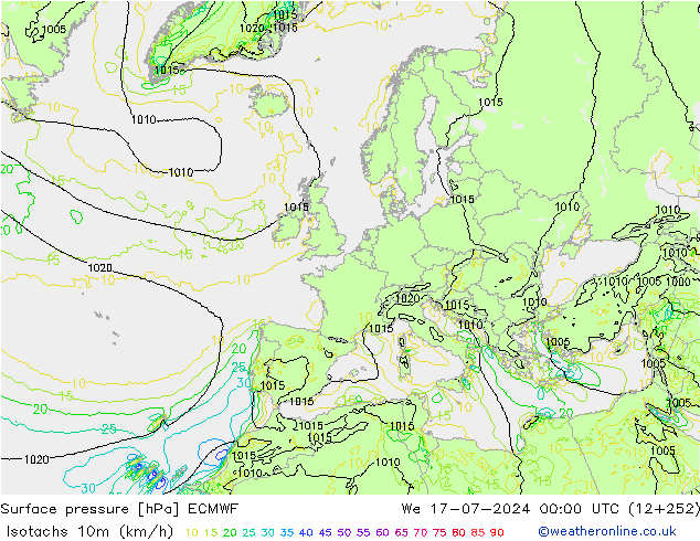 10米等风速线 (kph) ECMWF 星期三 17.07.2024 00 UTC