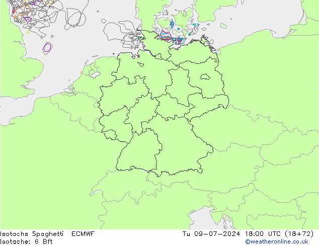 Isotachen Spaghetti ECMWF di 09.07.2024 18 UTC