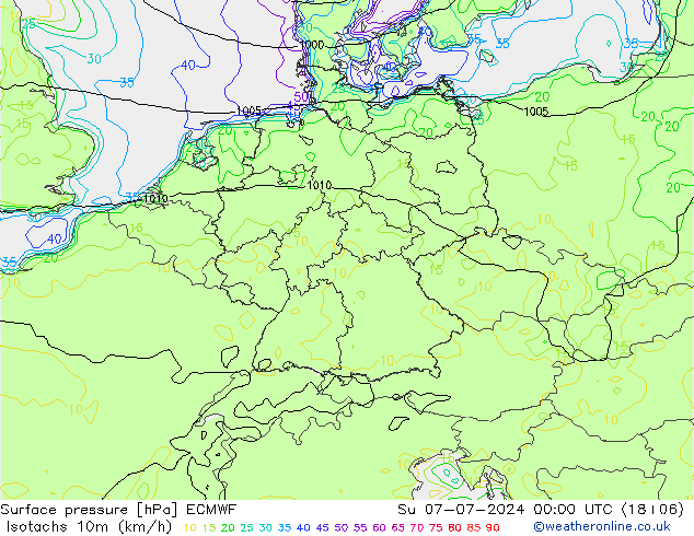 Isotachen (km/h) ECMWF zo 07.07.2024 00 UTC