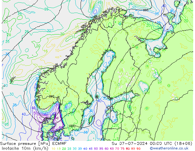 10米等风速线 (kph) ECMWF 星期日 07.07.2024 00 UTC