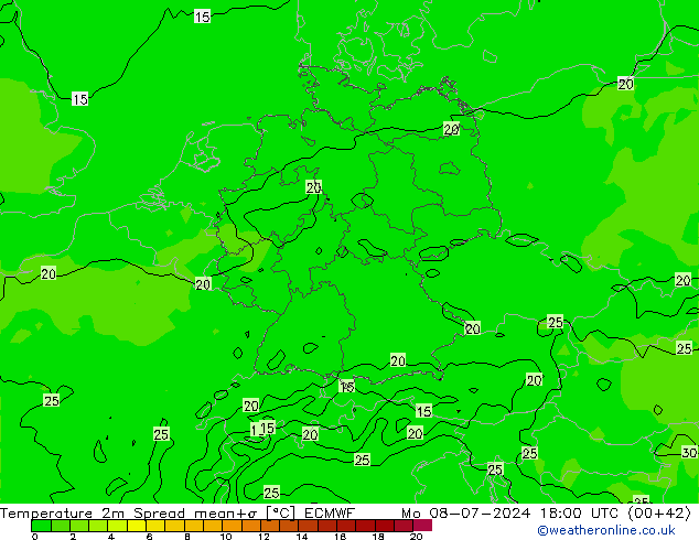 Temperatuurkaart Spread ECMWF ma 08.07.2024 18 UTC