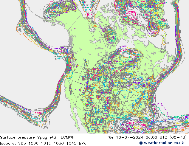 Luchtdruk op zeeniveau Spaghetti ECMWF wo 10.07.2024 06 UTC
