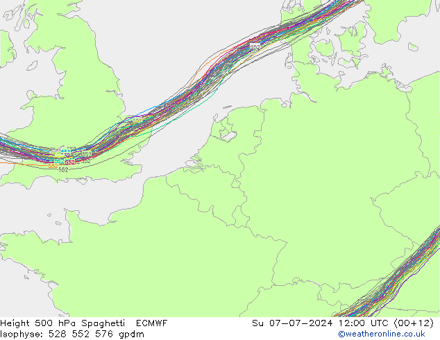 Height 500 hPa Spaghetti ECMWF 星期日 07.07.2024 12 UTC