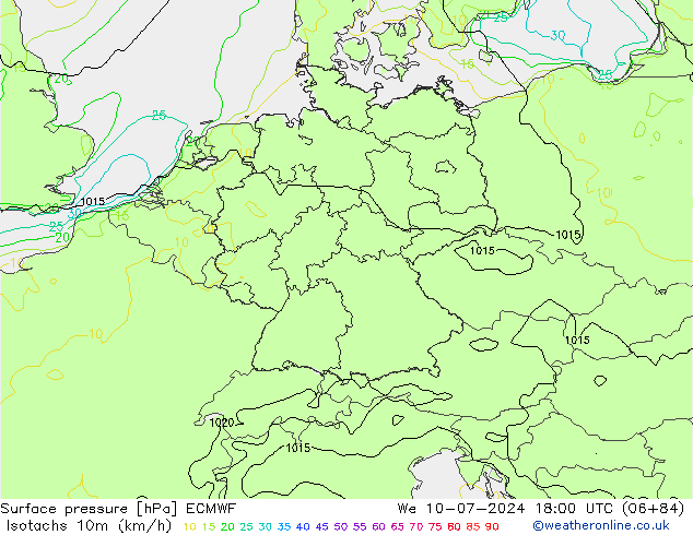 Isotachen (km/h) ECMWF wo 10.07.2024 18 UTC