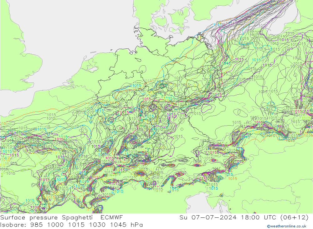 Luchtdruk op zeeniveau Spaghetti ECMWF zo 07.07.2024 18 UTC