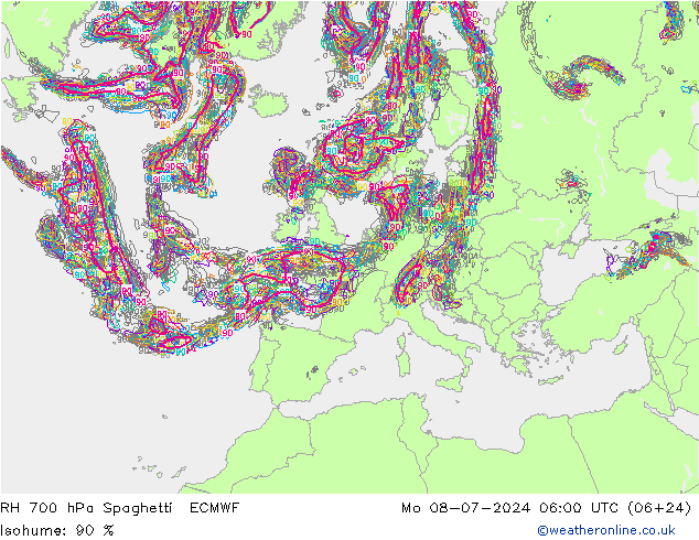 RH 700 hPa Spaghetti ECMWF 星期一 08.07.2024 06 UTC