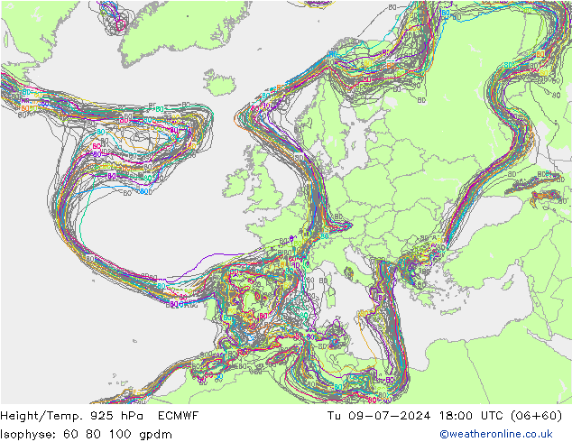 Height/Temp. 925 hPa ECMWF 星期二 09.07.2024 18 UTC