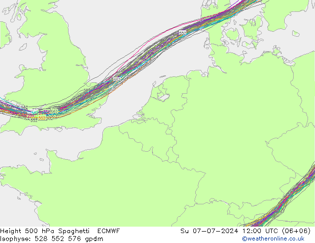 Height 500 hPa Spaghetti ECMWF 星期日 07.07.2024 12 UTC
