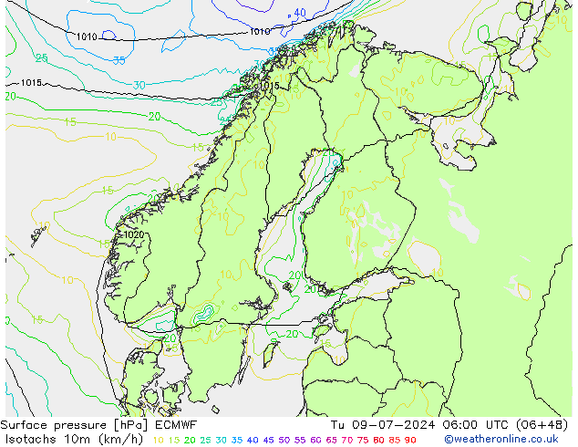10米等风速线 (kph) ECMWF 星期二 09.07.2024 06 UTC