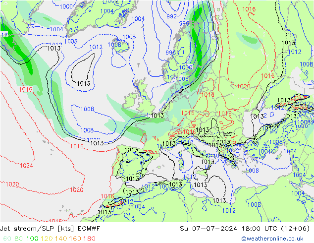 Straalstroom/SLP ECMWF zo 07.07.2024 18 UTC