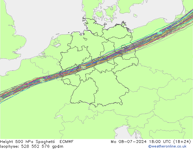 Hoogte 500 hPa Spaghetti ECMWF ma 08.07.2024 18 UTC