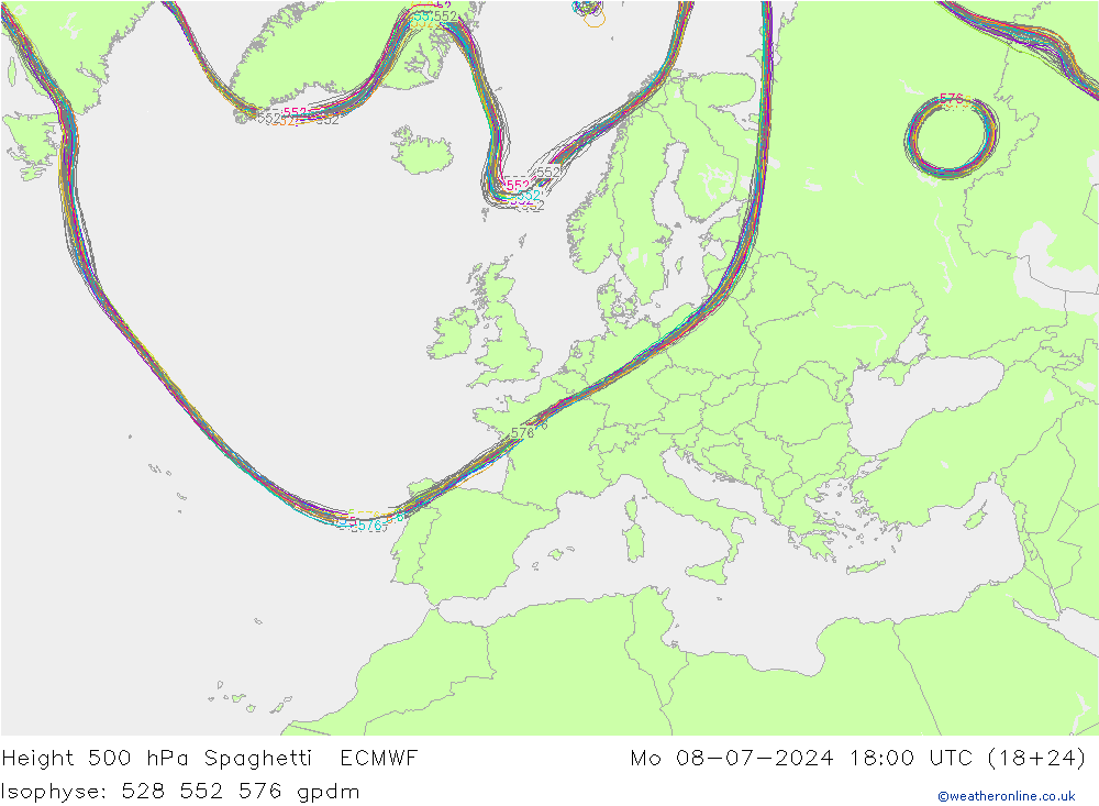 Hoogte 500 hPa Spaghetti ECMWF ma 08.07.2024 18 UTC